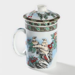 Кружка с крышкой и керамическим ситом "Птицы в пионах" 300 мл