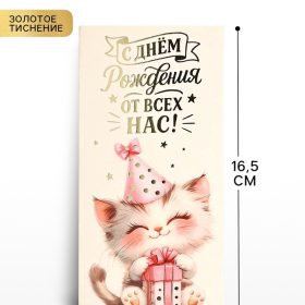 Конверт для денег «С днём рождения», котик, тиснение, 16.5×8 см