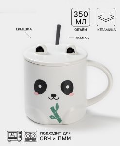 Кружка с керамической крышкой и ложкой "Панда" 350 мл 12,9*10,5*9