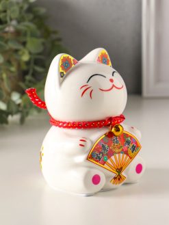 Alternative view of Копилка для денег «Кот Манэки-нэко с веером», керамика, 7.8×7.5×12.5 см