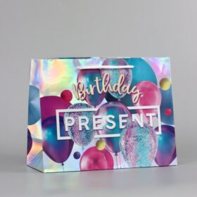 Пакет подарочный голографический, упаковка, Birthday Present, 23х10х18 см