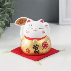 Фигурка керамика «Кот Манэки-нэко с веером», золотой, 8х8х8.5 см
